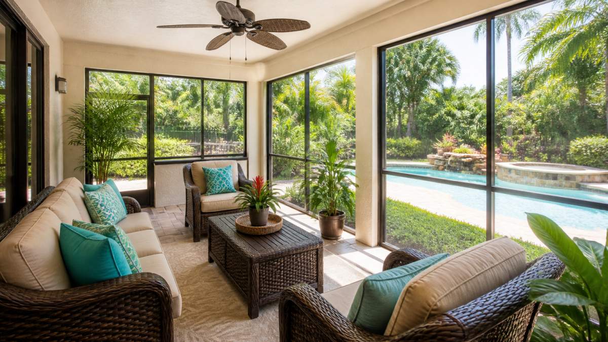 Cozy screen room design featuring wicker furniture and tropical plants overlooking a backyard pool area