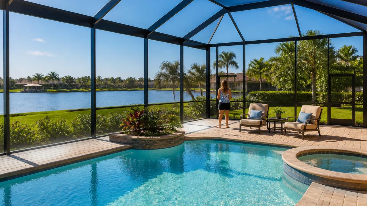 Comparison diagram showing a picture window pool cage versus standard screen panels in a Florida backyard